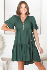 Lilou Mini Dress -Smock Mini Dress with V Neckline in Emerald