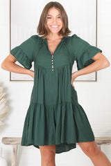 Lilou Mini Dress -Smock Mini Dress with V Neckline in Emerald