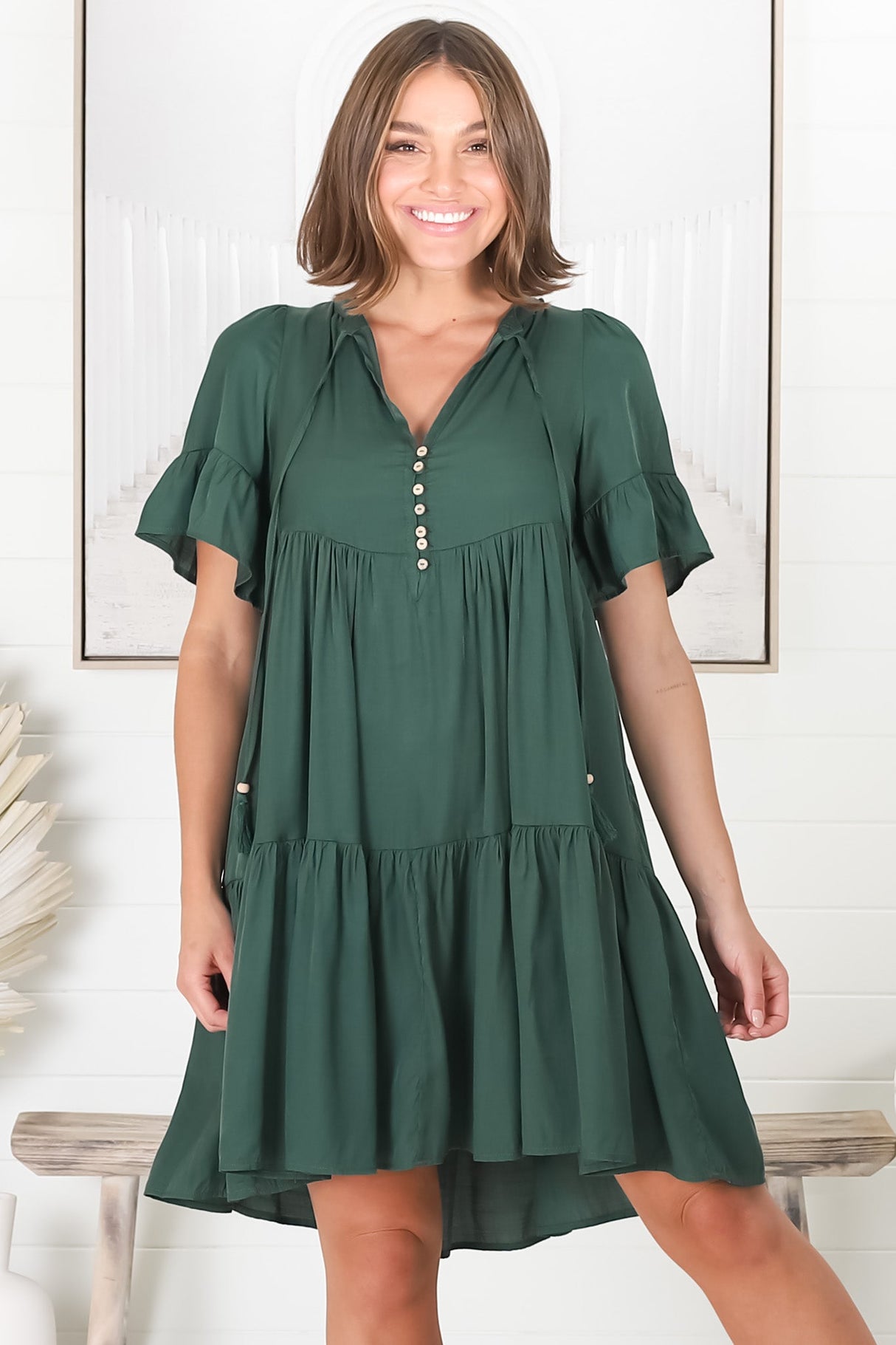 Lilou Mini Dress -Smock Mini Dress with V Neckline in Emerald