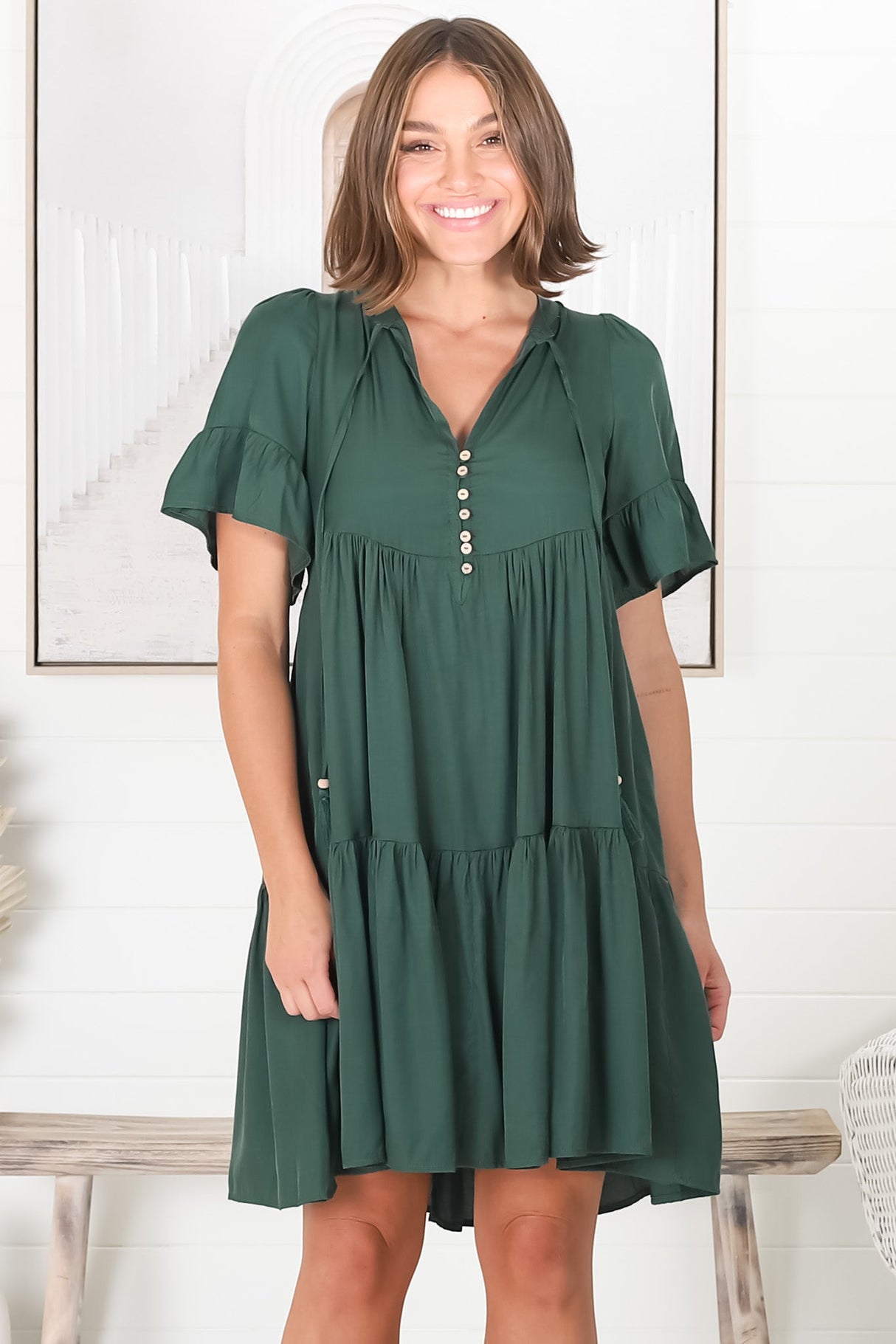 Lilou Mini Dress -Smock Mini Dress with V Neckline in Emerald