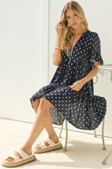 Lilou Mini Dress - Smock Dress with V Neckline and Ruffle-cuff Sleeves in Kendy Print Navy