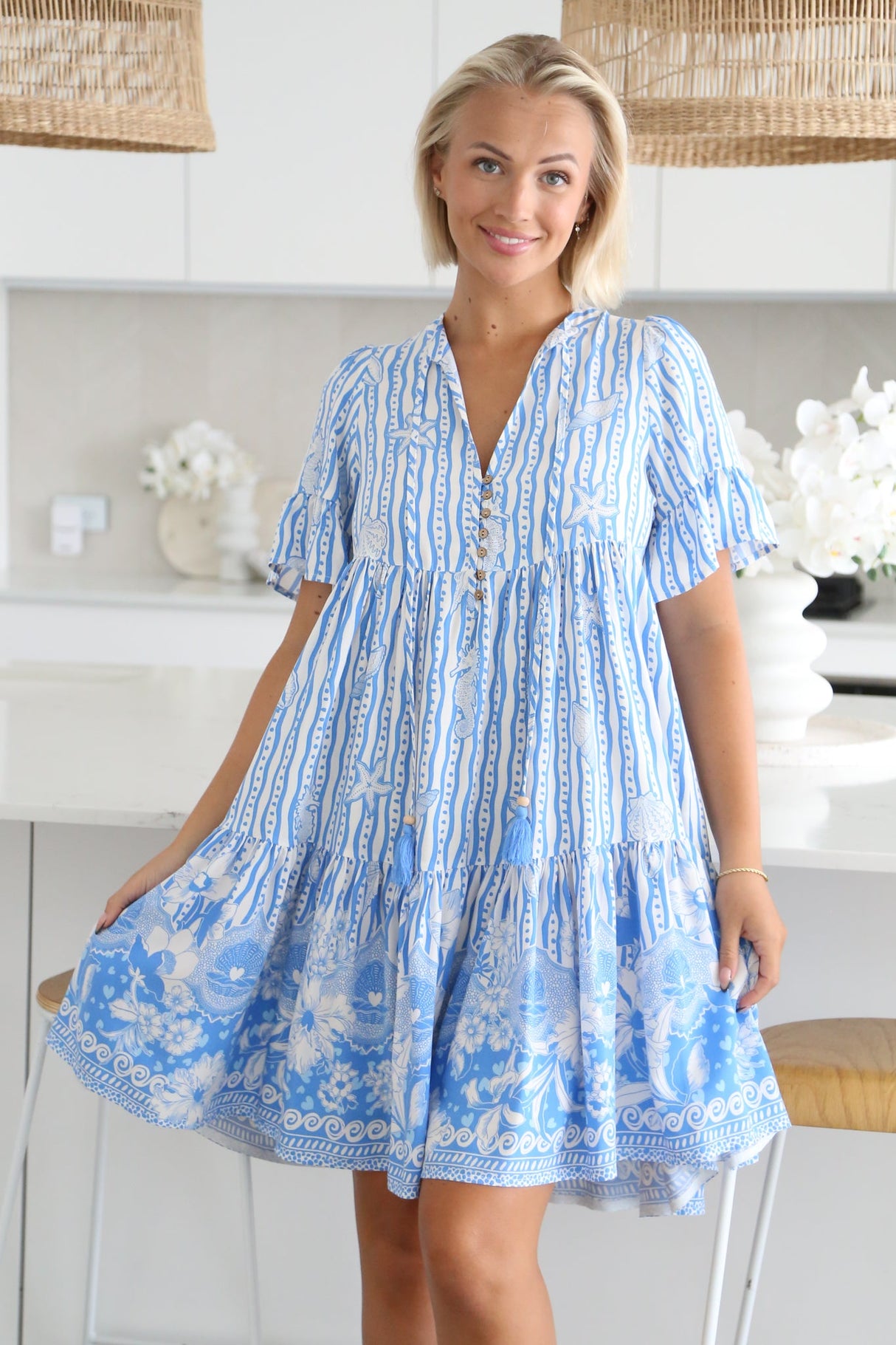 Lilou Mini Dress - Flute Sleeve Tiered Smock Dress in Ailsa Print