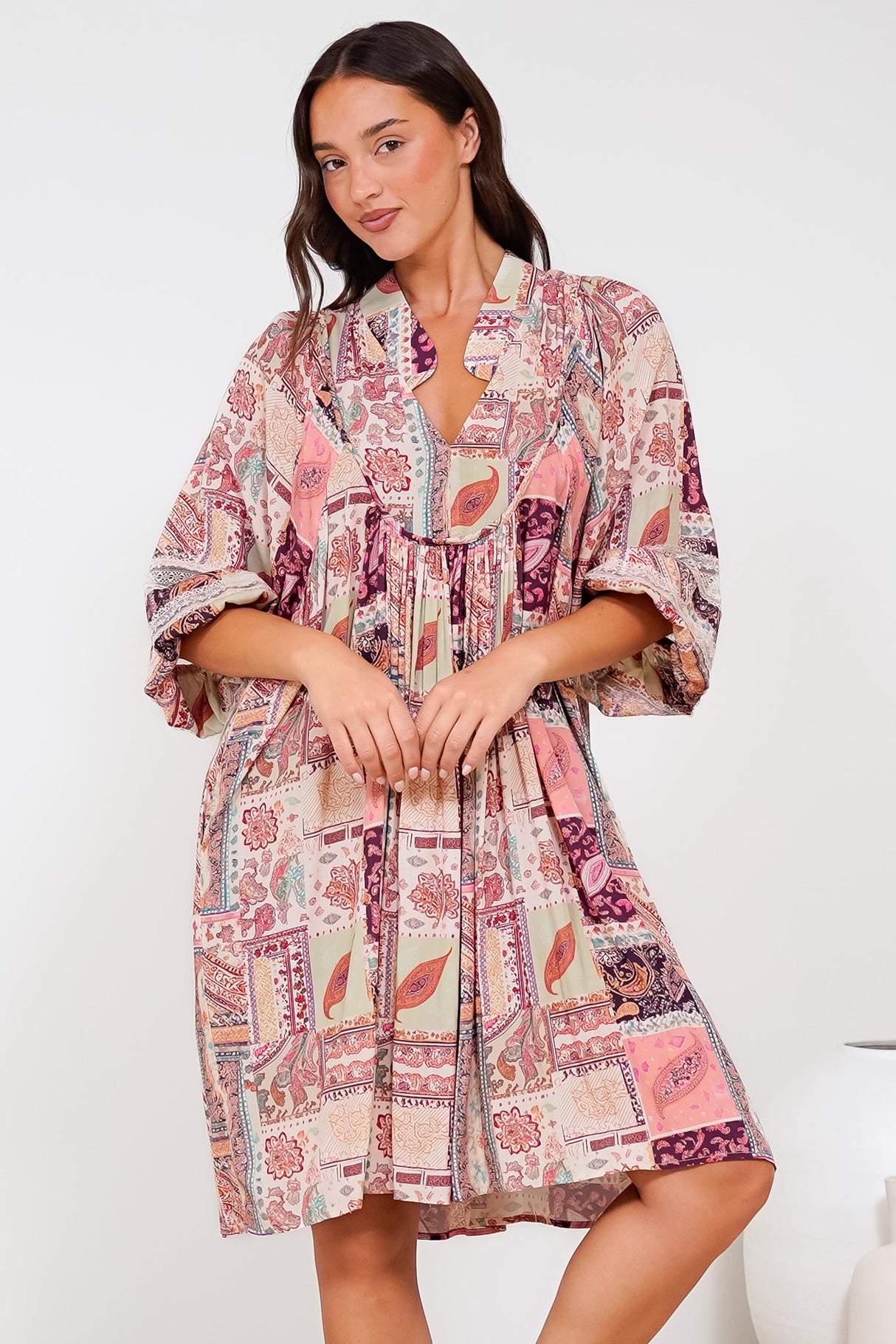 Linden Mini Dress - Mandarin Collar Slimline Smock Dress in Royce Print