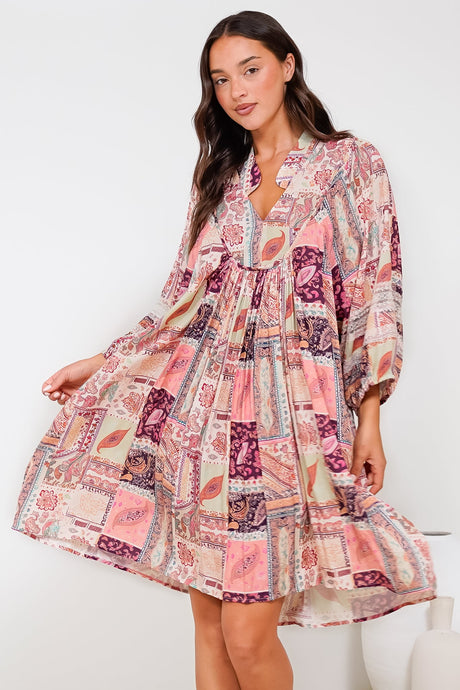 Linden Mini Dress - Mandarin Collar Slimline Smock Dress in Royce Print