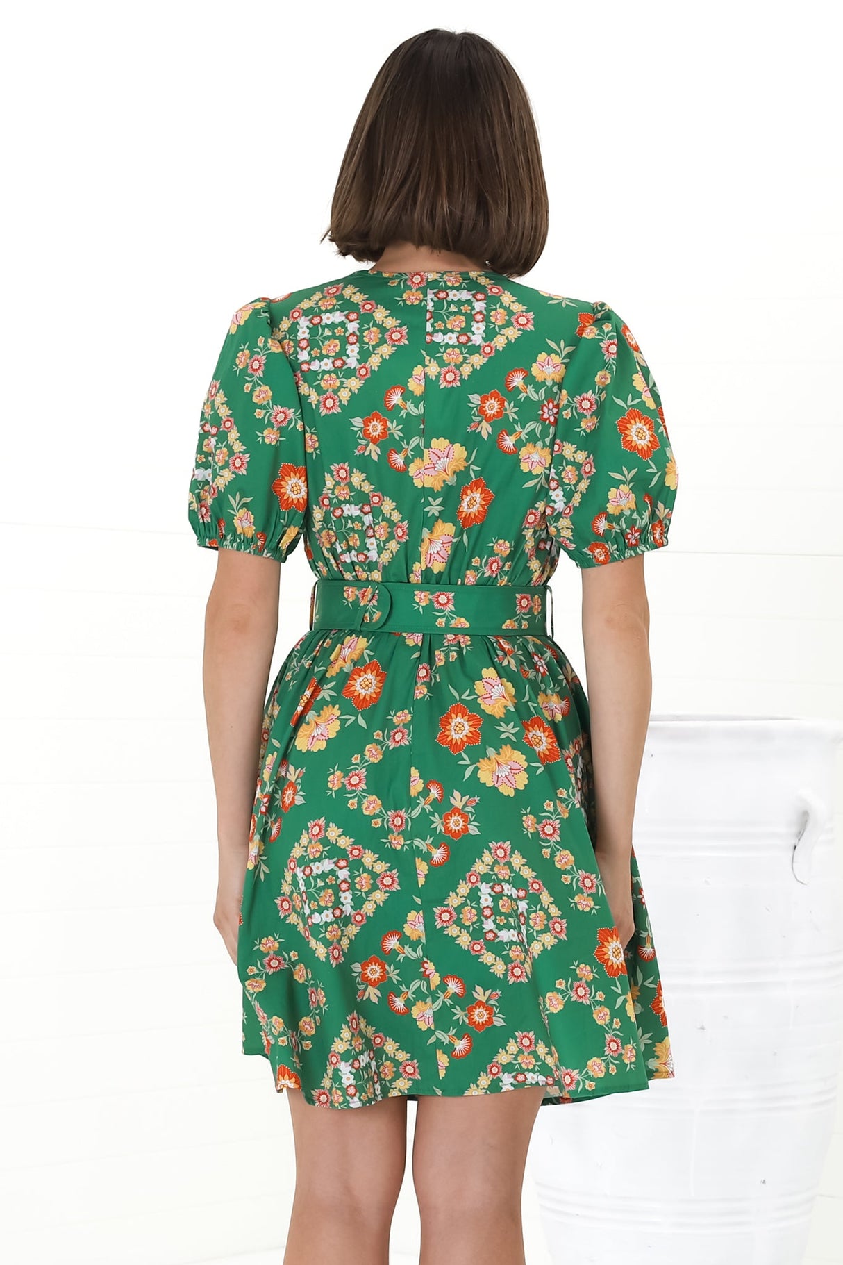 Lindi Mini Dress - Scallop Lattice Detailed A-Line Dress with Short Sleeves in Abella Print Green