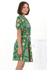 Lindi Mini Dress - Scallop Lattice Detailed A-Line Dress with Short Sleeves in Abella Print Green