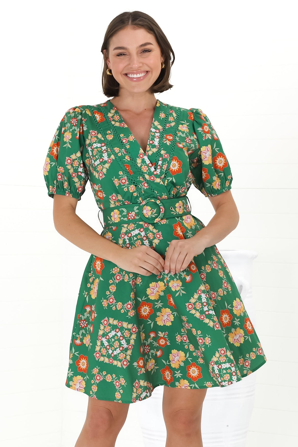 Lindi Mini Dress - Scallop Lattice Detailed A-Line Dress with Short Sleeves in Abella Print Green