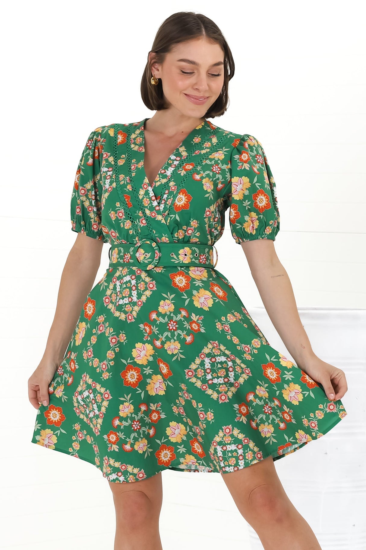 Lindi Mini Dress - Scallop Lattice Detailed A-Line Dress with Short Sleeves in Abella Print Green