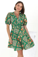 Lindi Mini Dress - Scallop Lattice Detailed A-Line Dress with Short Sleeves in Abella Print Green