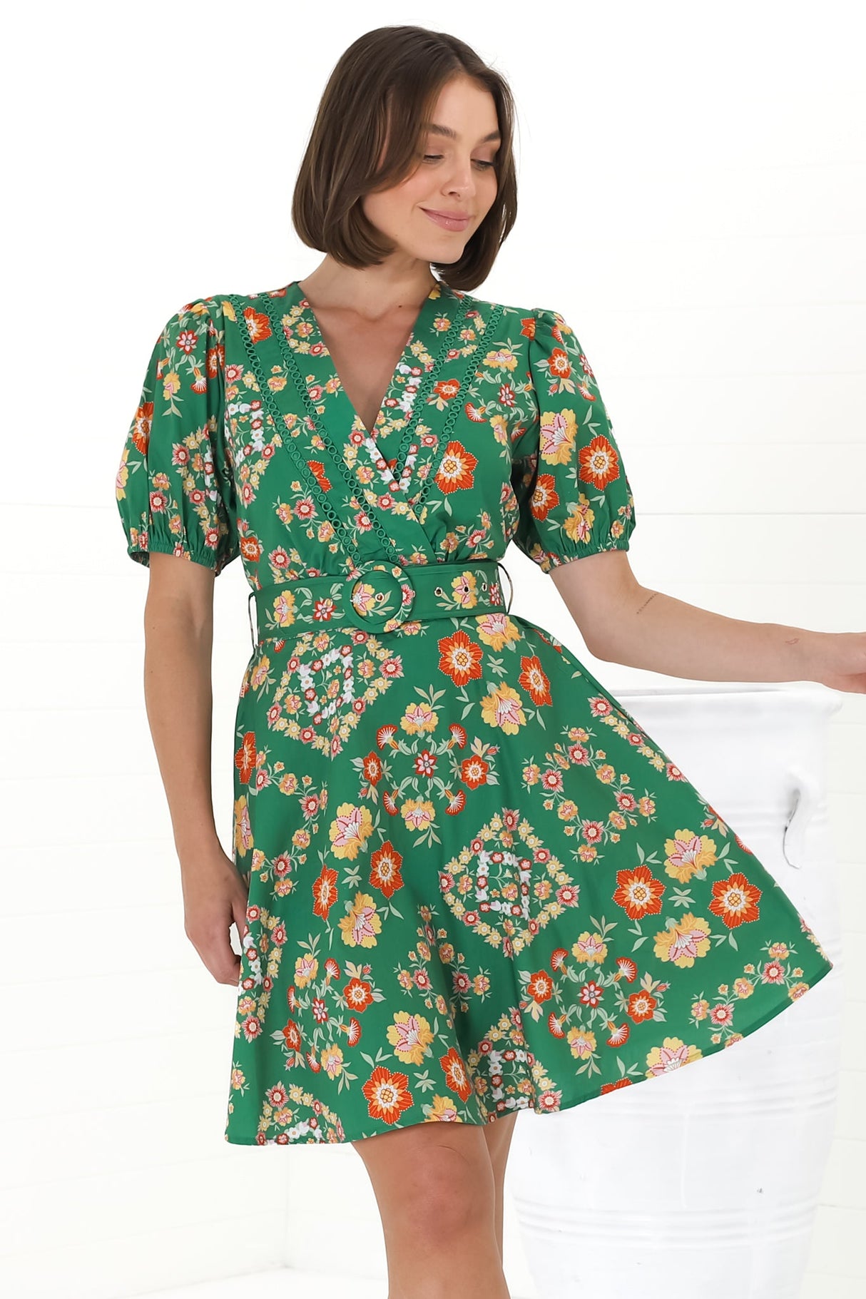 Lindi Mini Dress - Scallop Lattice Detailed A-Line Dress with Short Sleeves in Abella Print Green