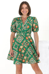 Lindi Mini Dress - Scallop Lattice Detailed A-Line Dress with Short Sleeves in Abella Print Green