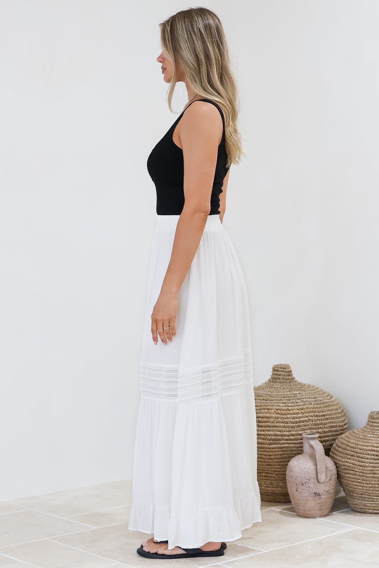 Linley Maxi Skirt - High Waisted Lace Insert Splicing Skirt in White