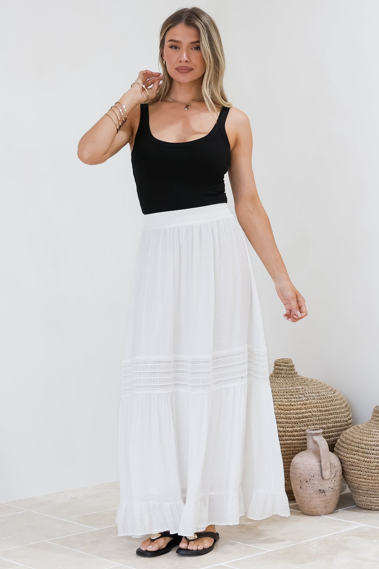 Linley Maxi Skirt - High Waisted Lace Insert Splicing Skirt in White