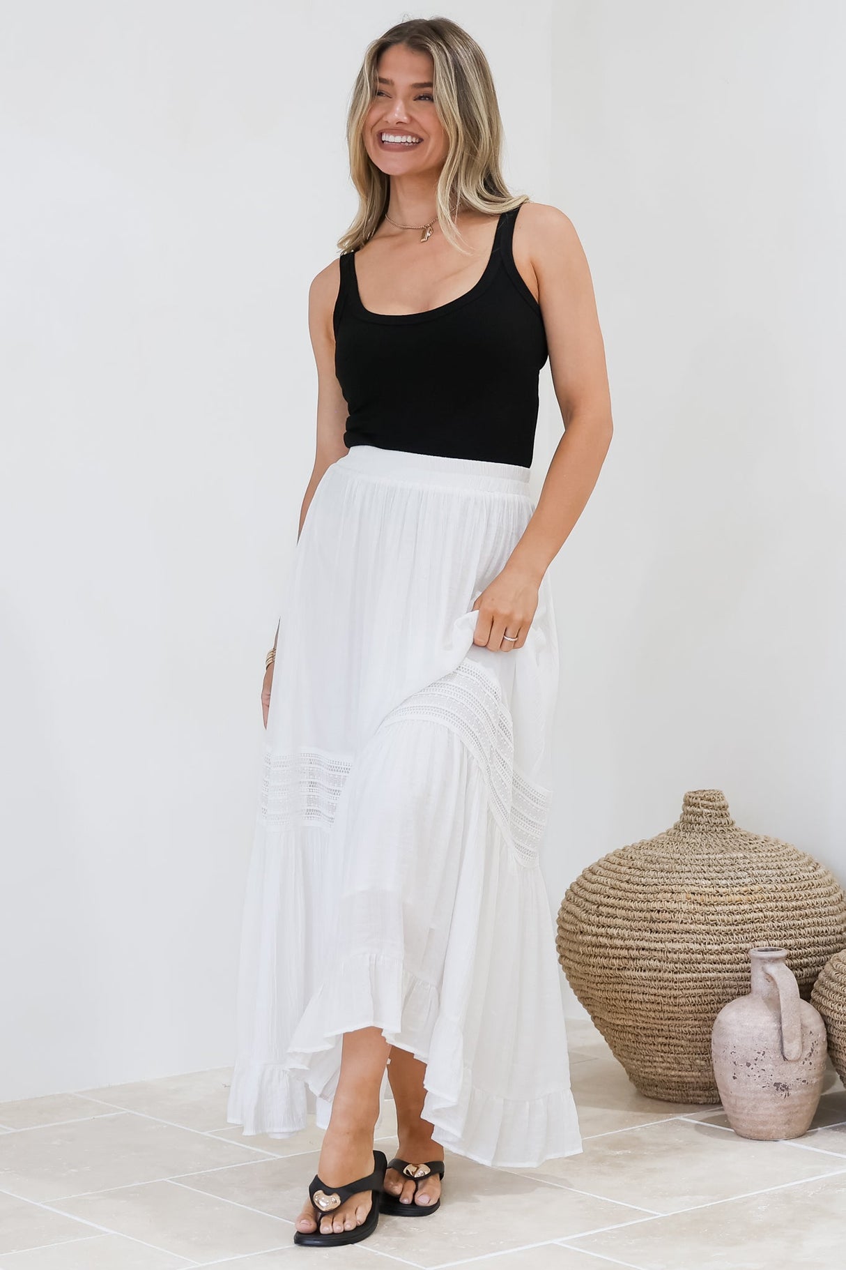 Linley Maxi Skirt - High Waisted Lace Insert Splicing Skirt in White