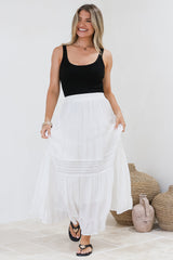 Linley Maxi Skirt - High Waisted Lace Insert Splicing Skirt in White
