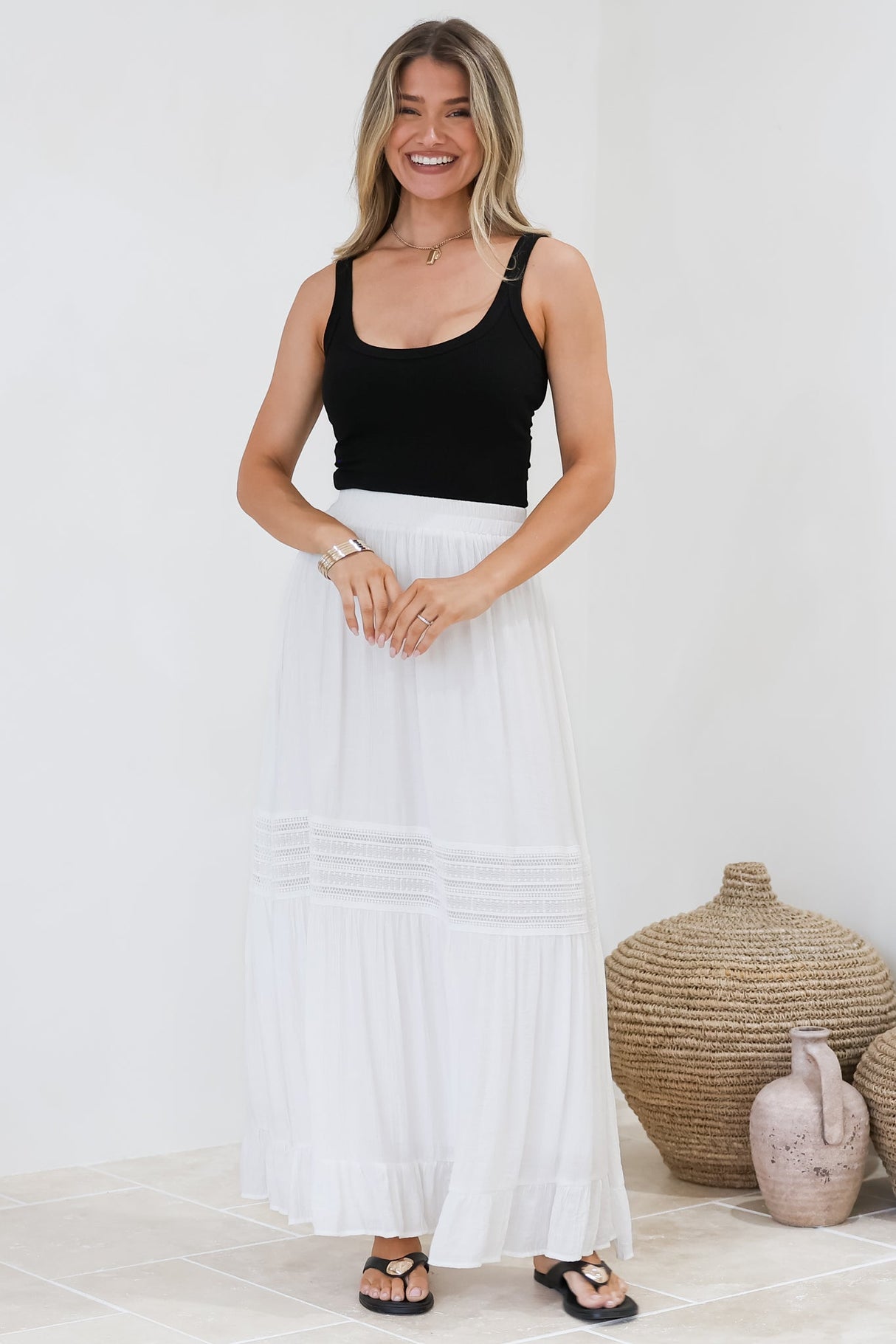 Linley Maxi Skirt - High Waisted Lace Insert Splicing Skirt in White