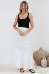 Linley Maxi Skirt - High Waisted Lace Insert Splicing Skirt in White