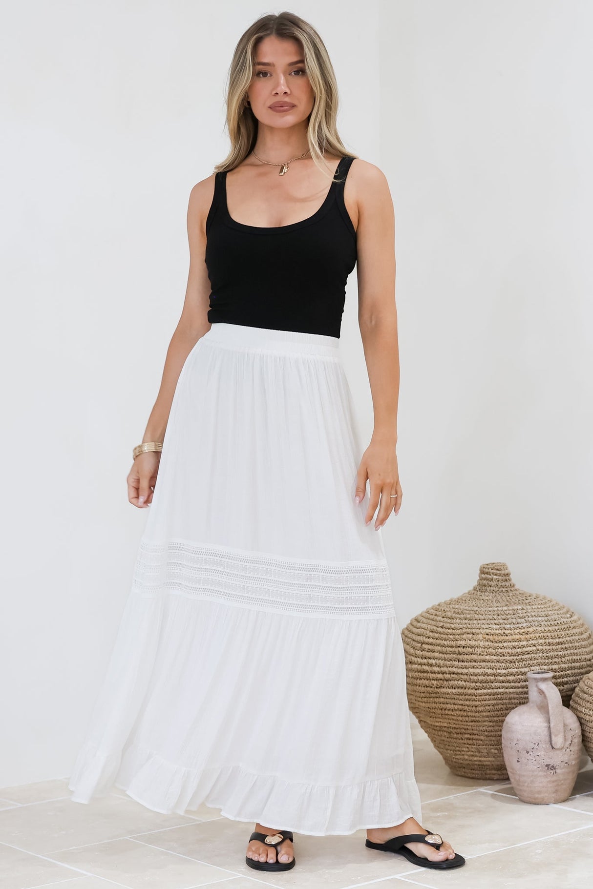 Linley Maxi Skirt - High Waisted Lace Insert Splicing Skirt in White