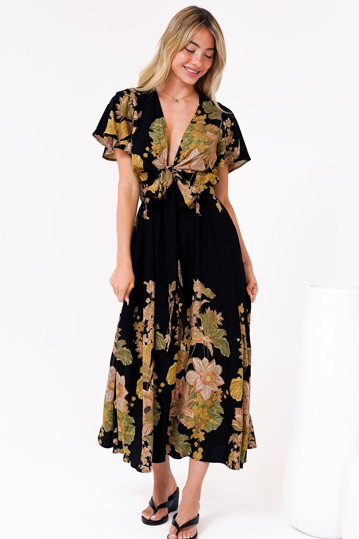 Liona Midi Dress - Multi Tie Flutter Sleeve Dress in Ellody Print