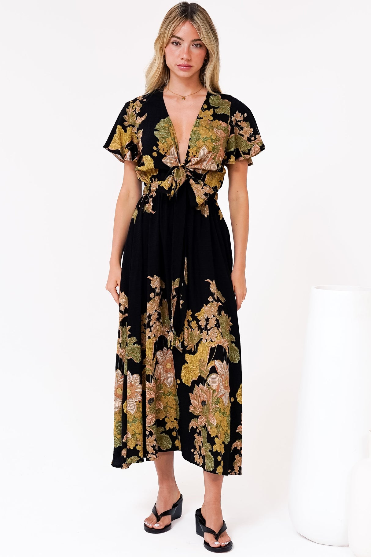 Liona Midi Dress - Multi Tie Flutter Sleeve Dress in Ellody Print