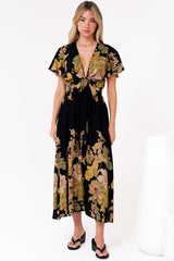 Liona Midi Dress - Multi Tie Flutter Sleeve Dress in Ellody Print