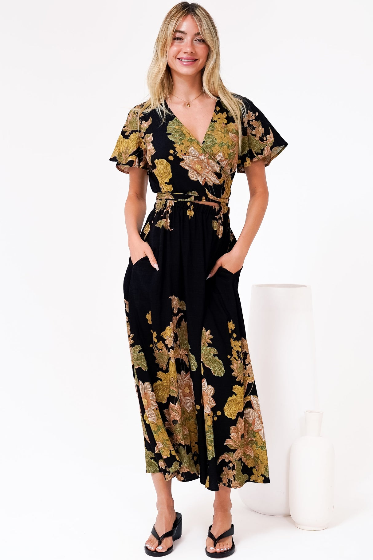 Liona Midi Dress - Multi Tie Flutter Sleeve Dress in Ellody Print