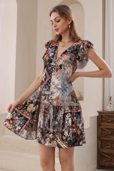 Liora Mini Dress - Button Through Frill Cap Sleeve Dress in Elaine Print