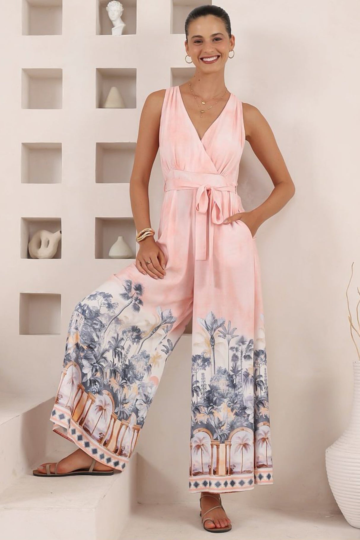 Lira Jumpsuit - V-Neck Wide Leg Pant Jumpsuit with Belt in Armena Print