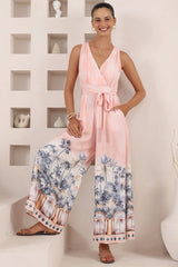 Lira Jumpsuit - V-Neck Wide Leg Pant Jumpsuit with Belt in Armena Print