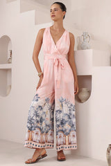 Lira Jumpsuit - V-Neck Wide Leg Pant Jumpsuit with Belt in Armena Print