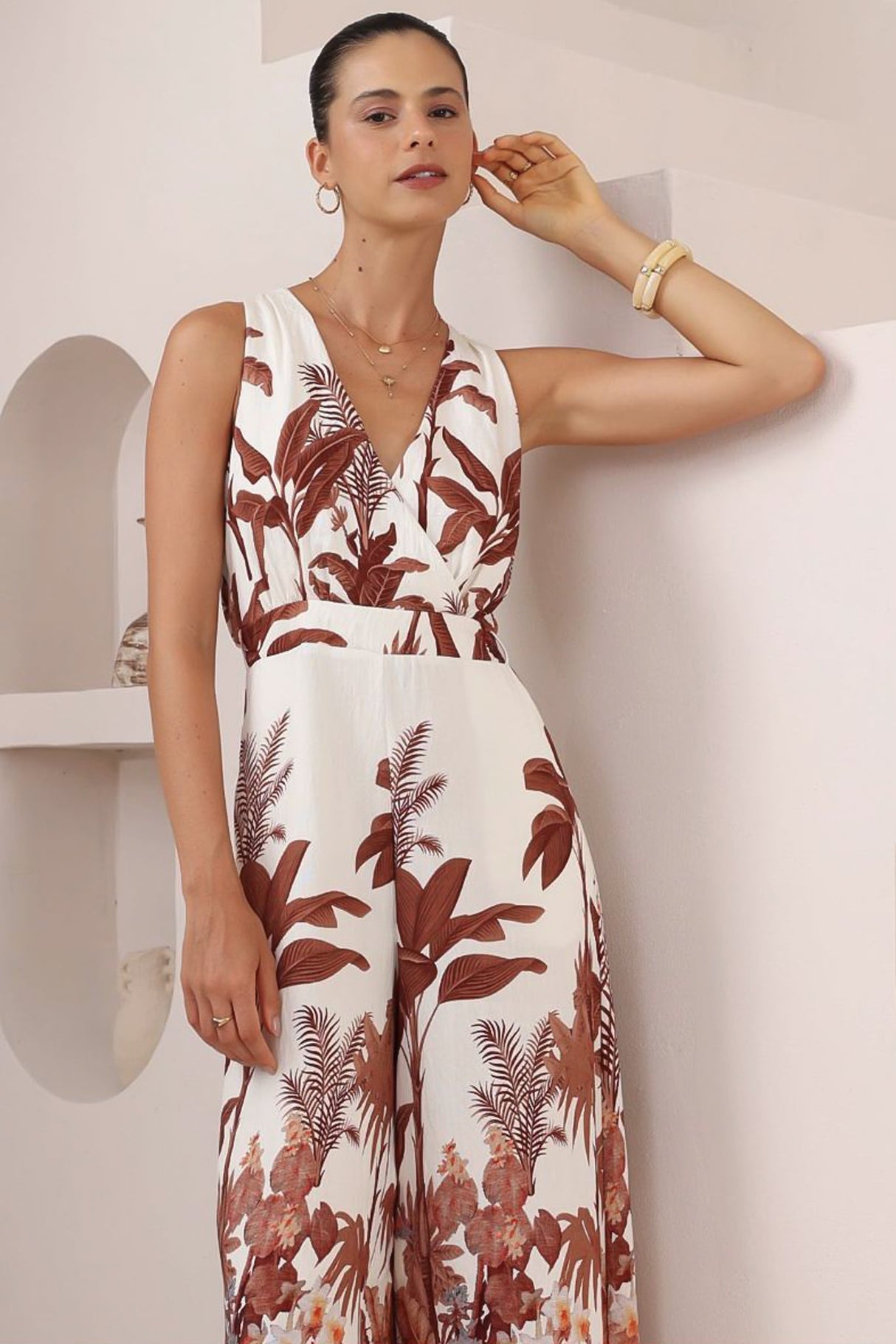 Lira Jumpsuit - V-Neck Wide Leg Pant Jumpsuit with Belt in Azriel Print
