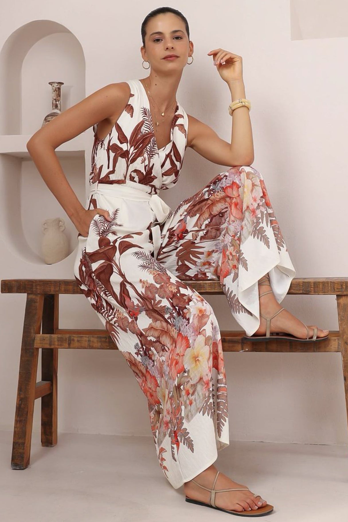 Lira Jumpsuit - V-Neck Wide Leg Pant Jumpsuit with Belt in Azriel Print