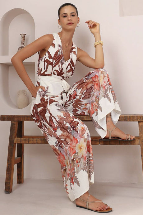 Lira Jumpsuit - V-Neck Wide Leg Pant Jumpsuit with Belt in Azriel Print