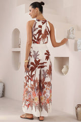 Lira Jumpsuit - V-Neck Wide Leg Pant Jumpsuit with Belt in Azriel Print