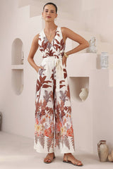 Lira Jumpsuit - V-Neck Wide Leg Pant Jumpsuit with Belt in Azriel Print