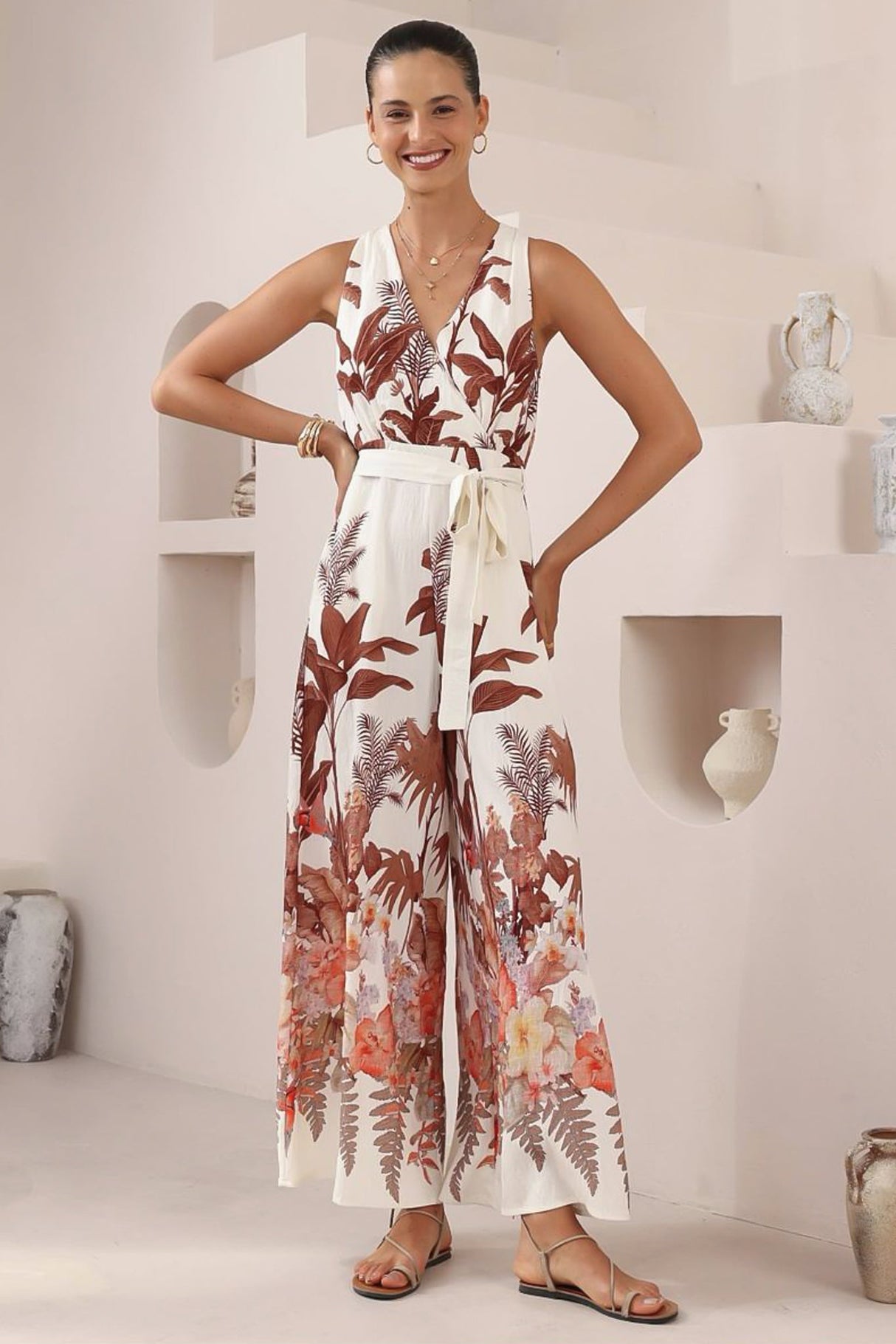 Lira Jumpsuit - V-Neck Wide Leg Pant Jumpsuit with Belt in Azriel Print