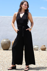 Lira Jumpsuit - V-Neck Wide Leg Pant Jumpsuit with Belt in Black