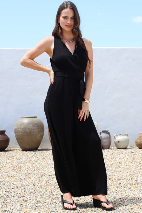 Lira Jumpsuit - V-Neck Wide Leg Pant Jumpsuit with Belt in Black