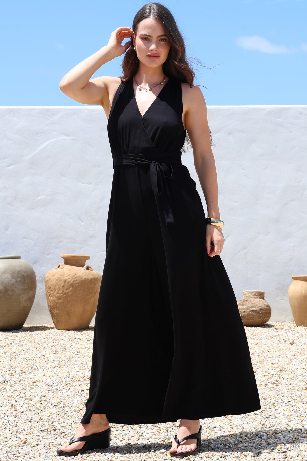 Lira Jumpsuit - V-Neck Wide Leg Pant Jumpsuit with Belt in Black