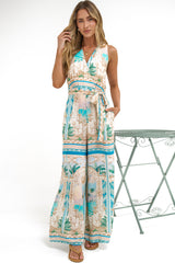 Lira Jumpsuit - V-Neck Wide Leg Pant Jumpsuit with Belt in Domitia Print