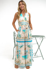 Lira Jumpsuit - V-Neck Wide Leg Pant Jumpsuit with Belt in Domitia Print