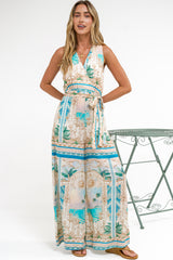Lira Jumpsuit - V-Neck Wide Leg Pant Jumpsuit with Belt in Domitia Print