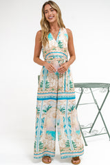 Lira Jumpsuit - V-Neck Wide Leg Pant Jumpsuit with Belt in Domitia Print