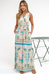 Lira Jumpsuit - V-Neck Wide Leg Pant Jumpsuit with Belt in Domitia Print