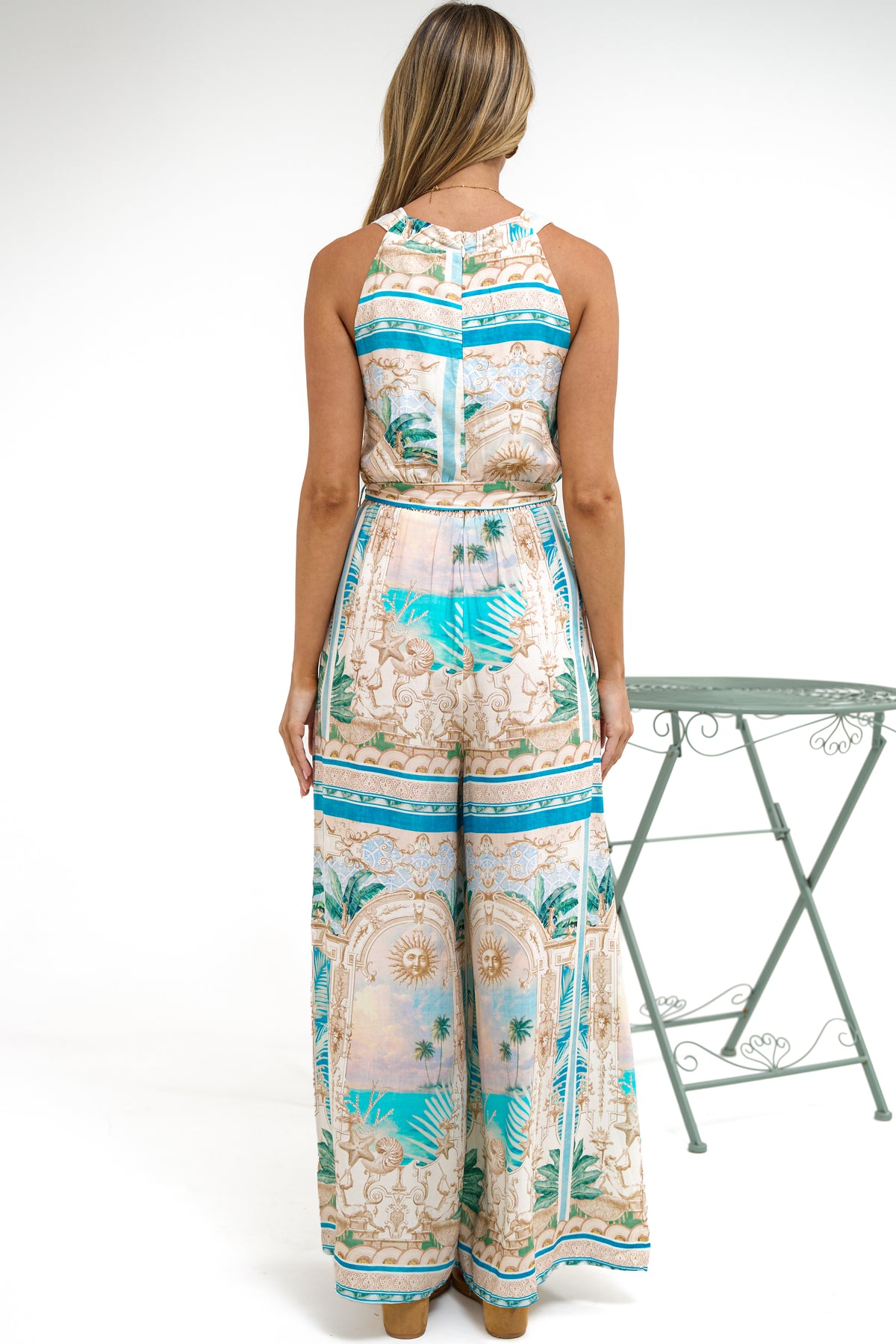 Lira Jumpsuit - V-Neck Wide Leg Pant Jumpsuit with Belt in Domitia Print