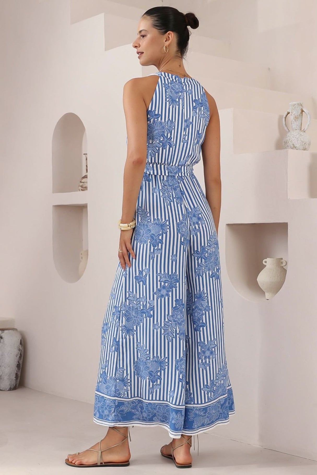 Lira Jumpsuit - V-Neck Wide Leg Pant Jumpsuit with Belt in Keller Print