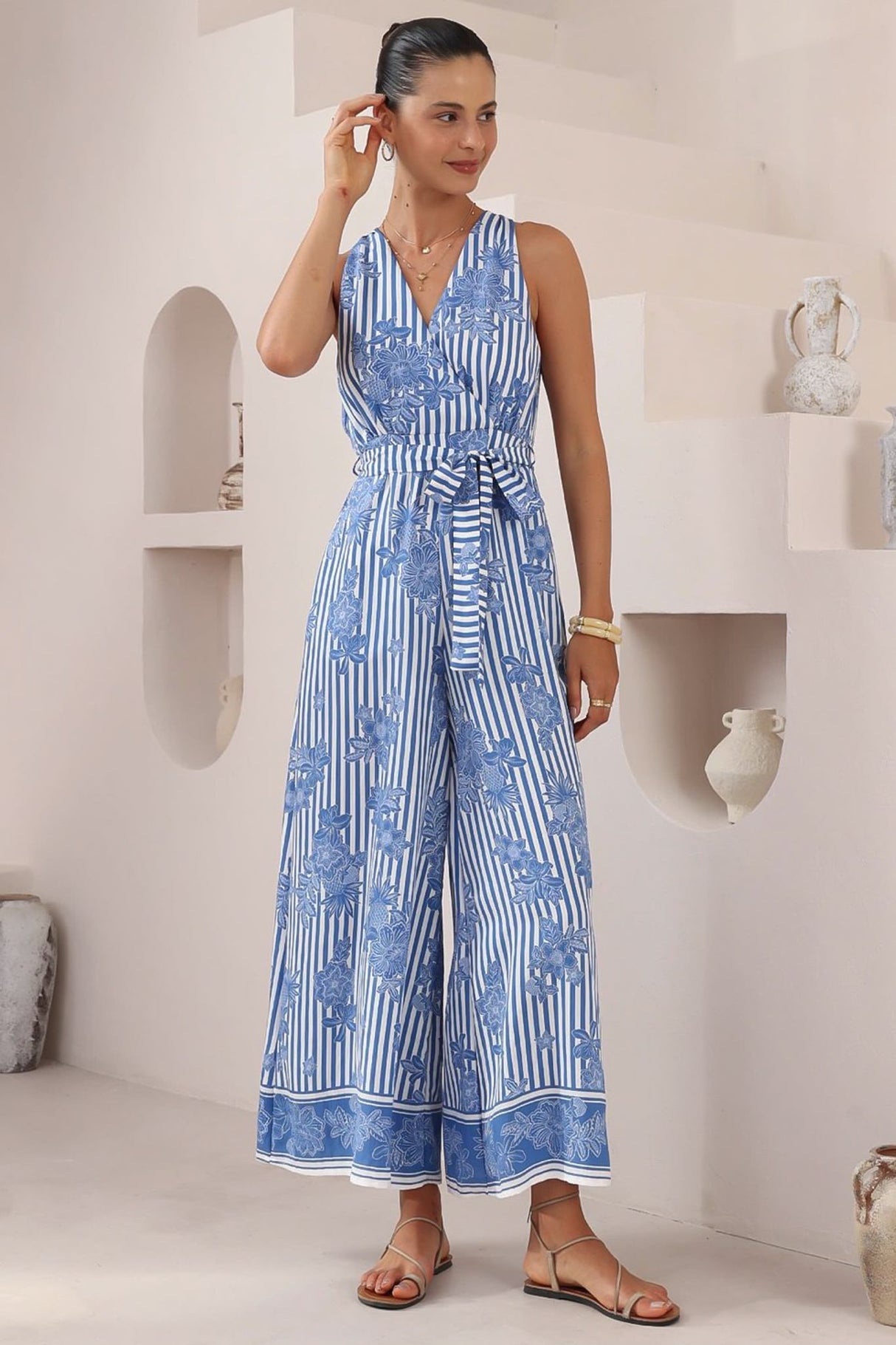 Lira Jumpsuit - V-Neck Wide Leg Pant Jumpsuit with Belt in Keller Print
