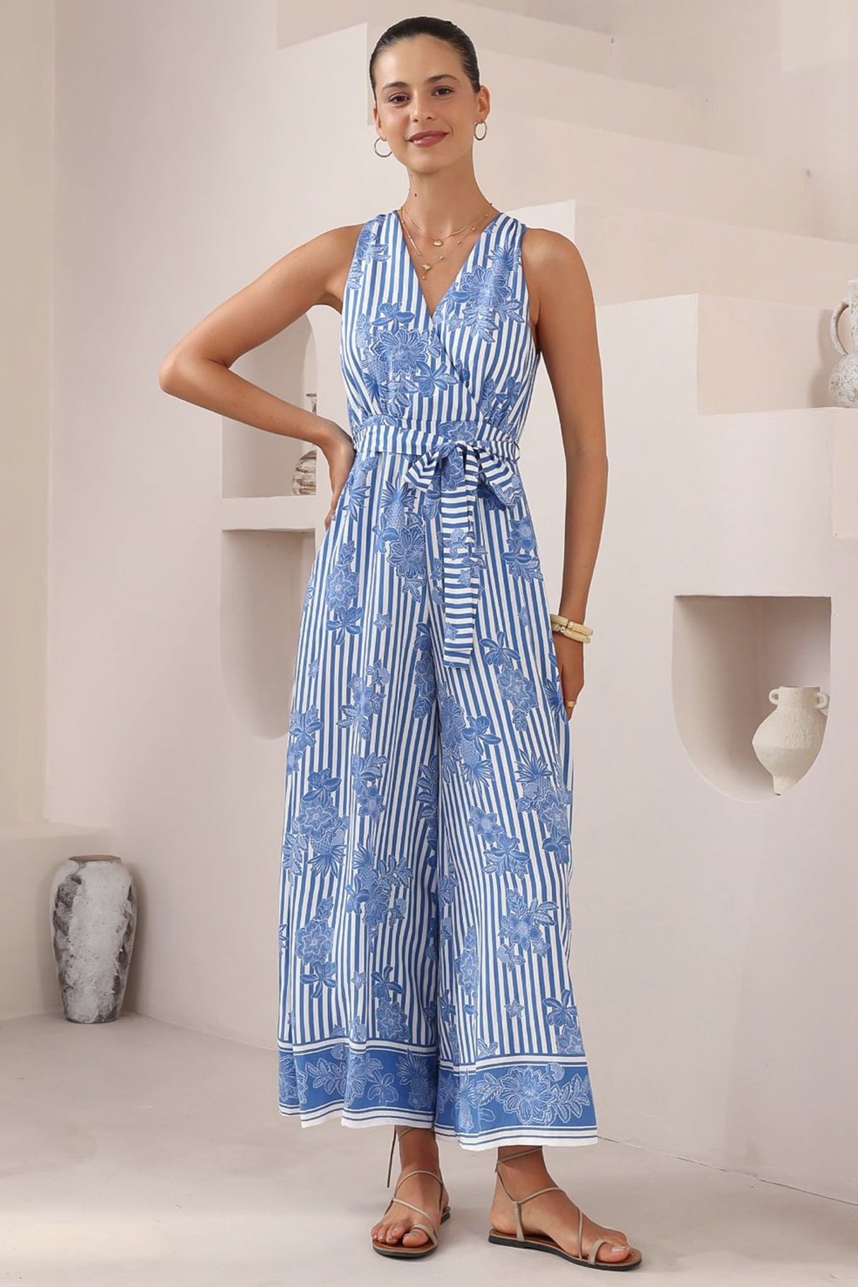Lira Jumpsuit - V-Neck Wide Leg Pant Jumpsuit with Belt in Keller Print