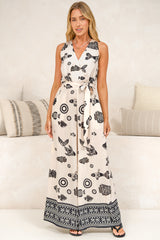 Lira Jumpsuit - V-Neck Wide Leg Pant Jumpsuit with Belt in Maren Print