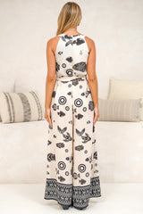 Lira Jumpsuit - V-Neck Wide Leg Pant Jumpsuit with Belt in Maren Print